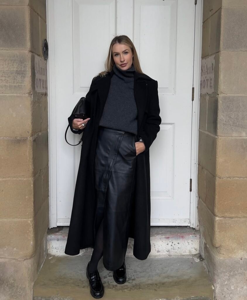 A leather skirt outfit.