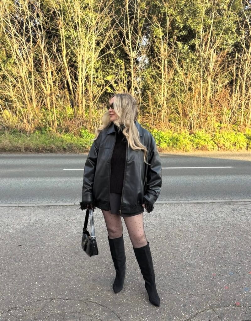 An outfit with a black faux leather jacket.