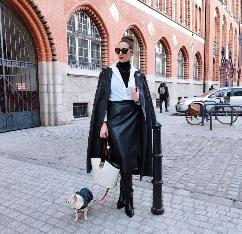 A leather skirt outfit.