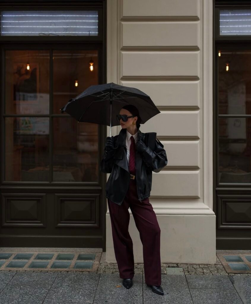 An outfit with a black faux leather jacket.