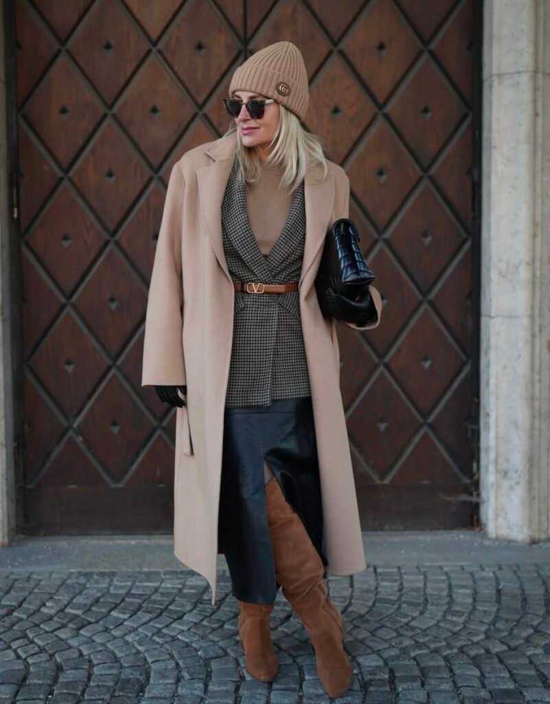 A leather skirt outfit.