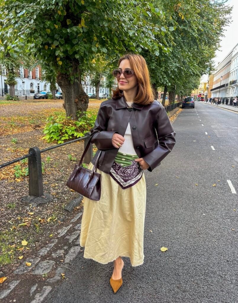 An outfit with a black faux leather jacket.