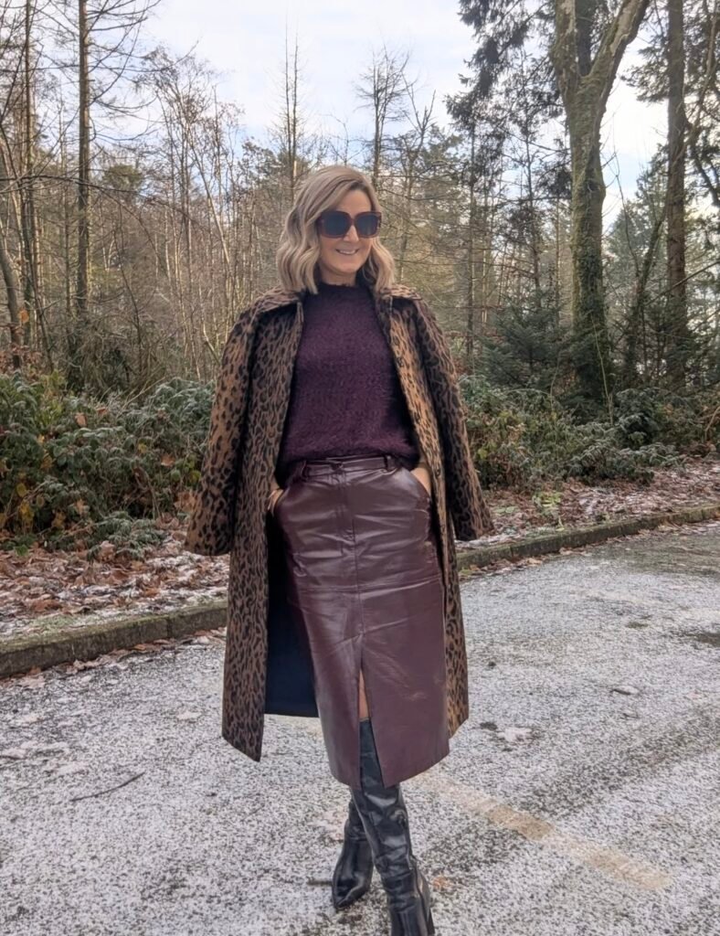 A leather skirt outfit.