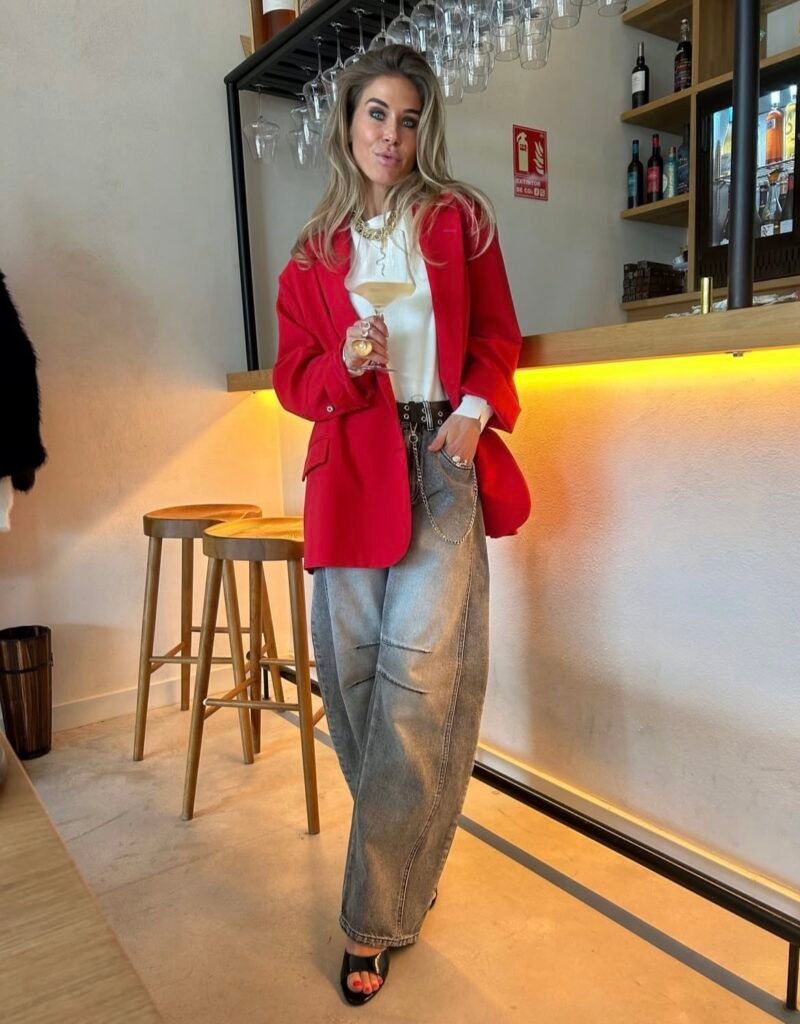 A red blazer outfit.