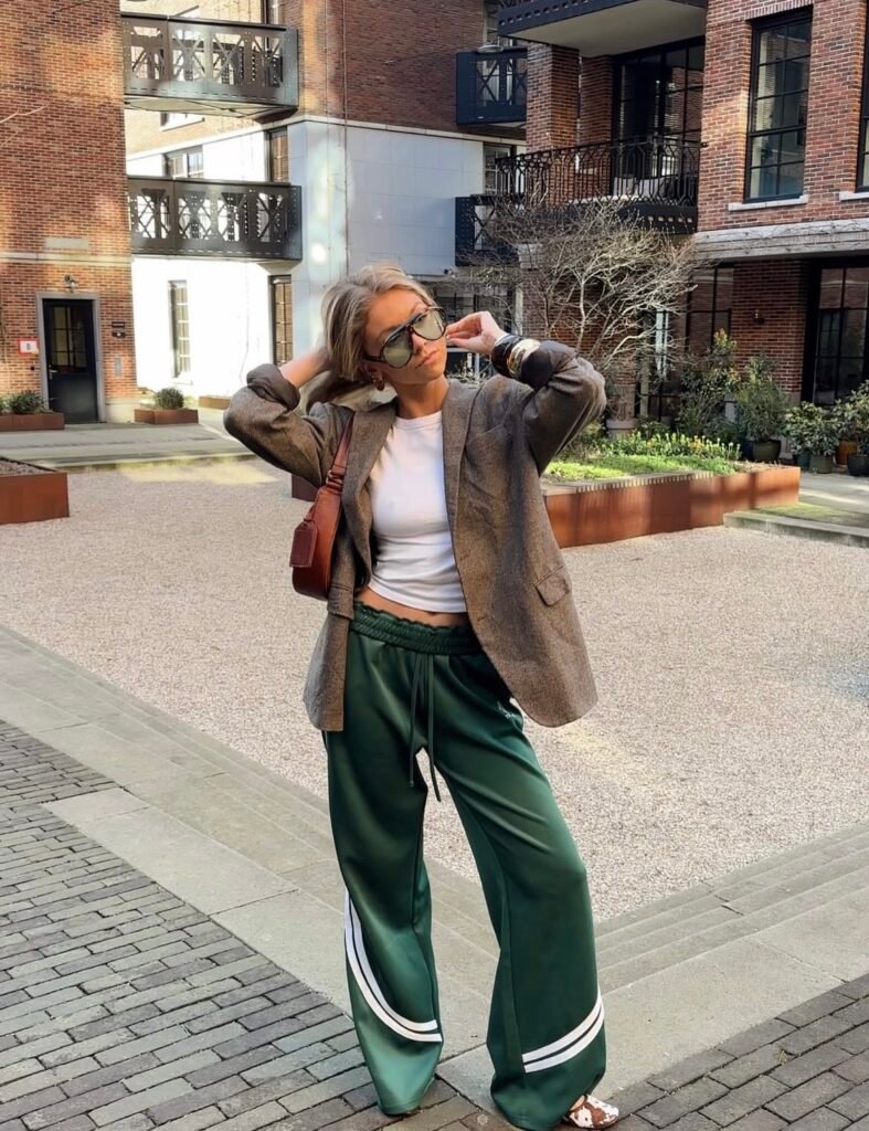 An outfit with green pants.