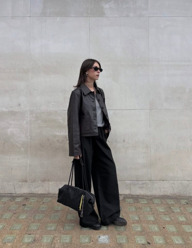 An outfit with a black faux leather jacket.