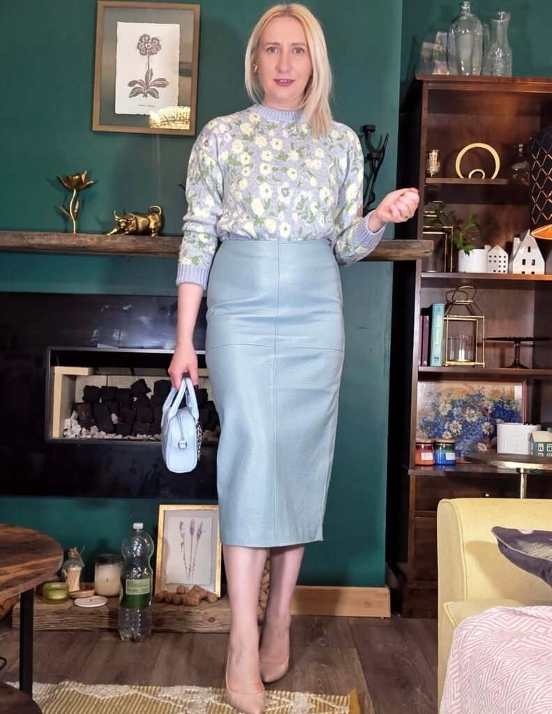 A leather skirt outfit.