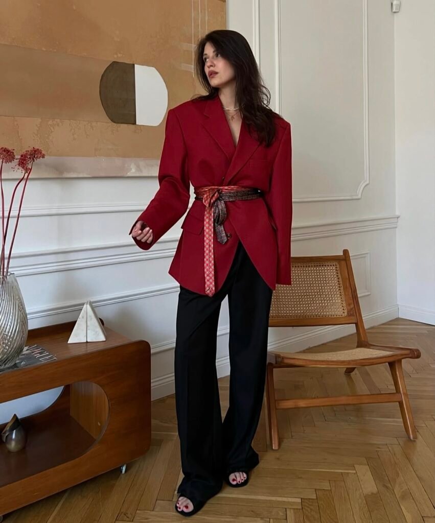 A red blazer outfit.