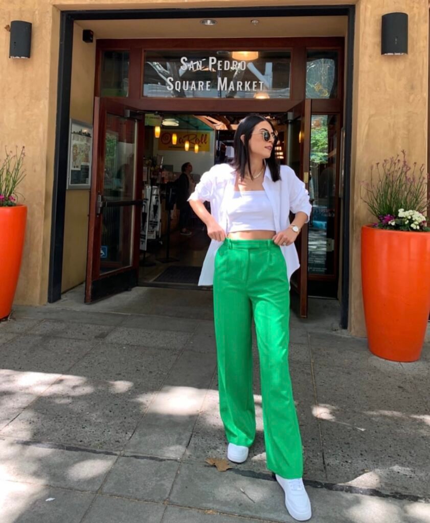 An outfit with green pants.
