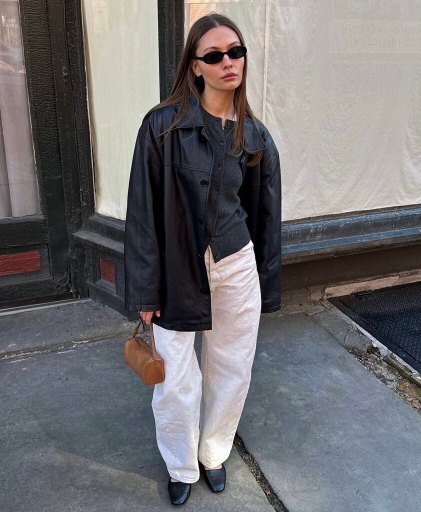 An outfit with a black faux leather jacket.