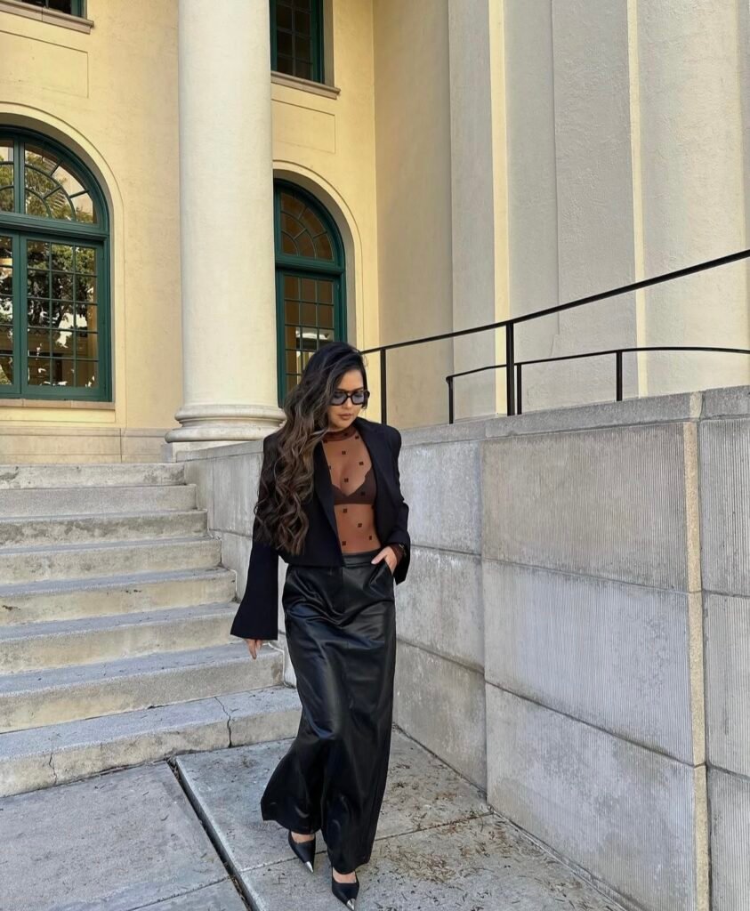 A leather skirt outfit.