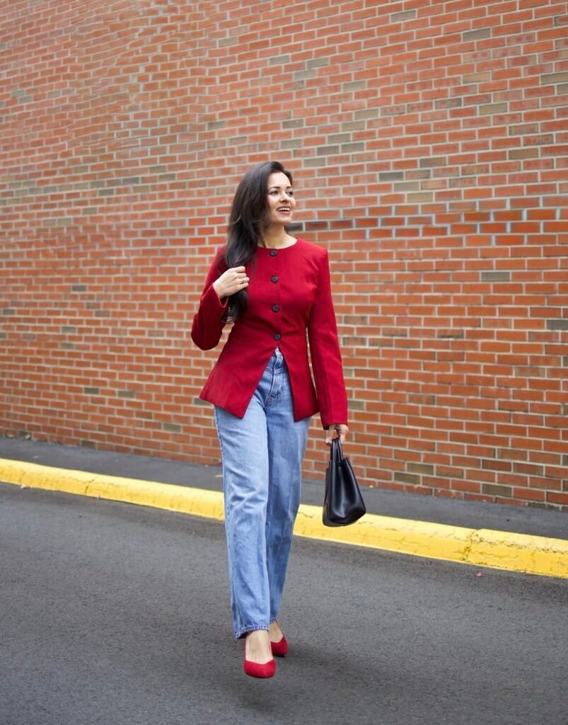 A red blazer outfit.