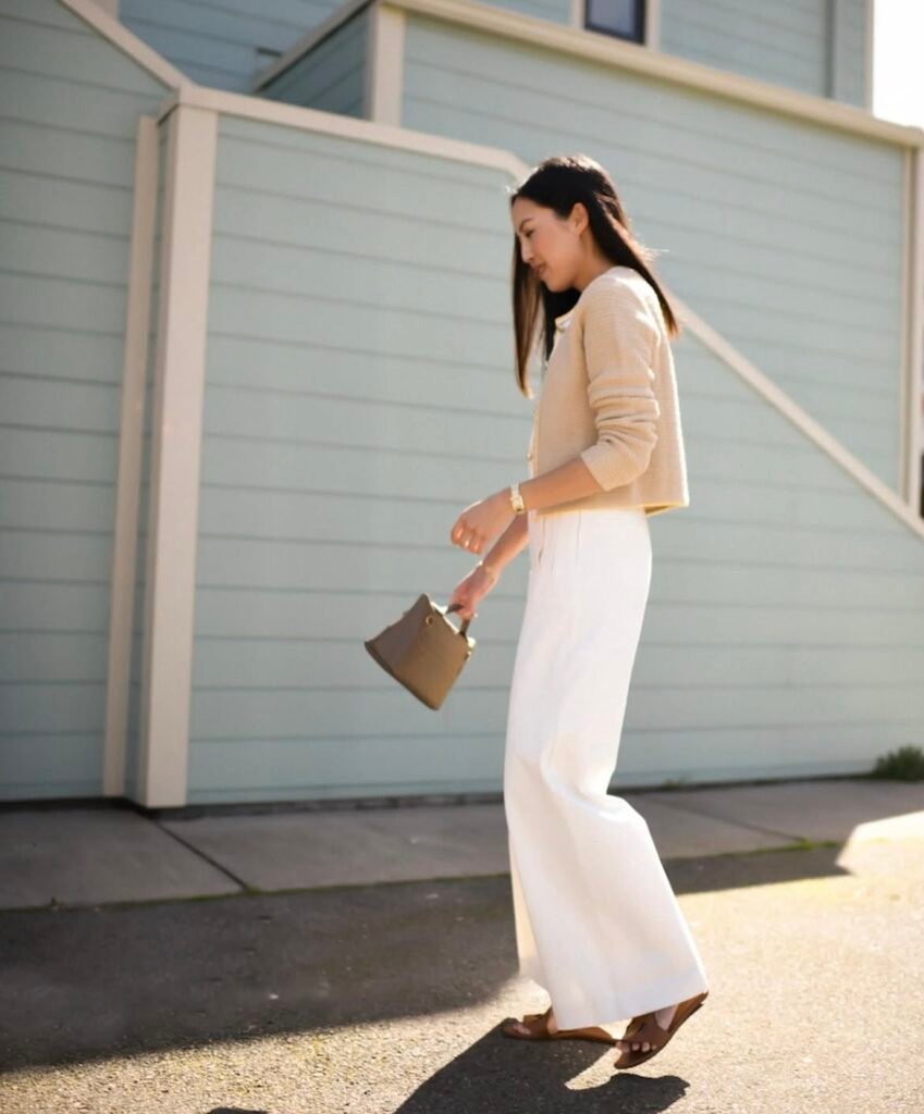 An outfit with wide leg pants.