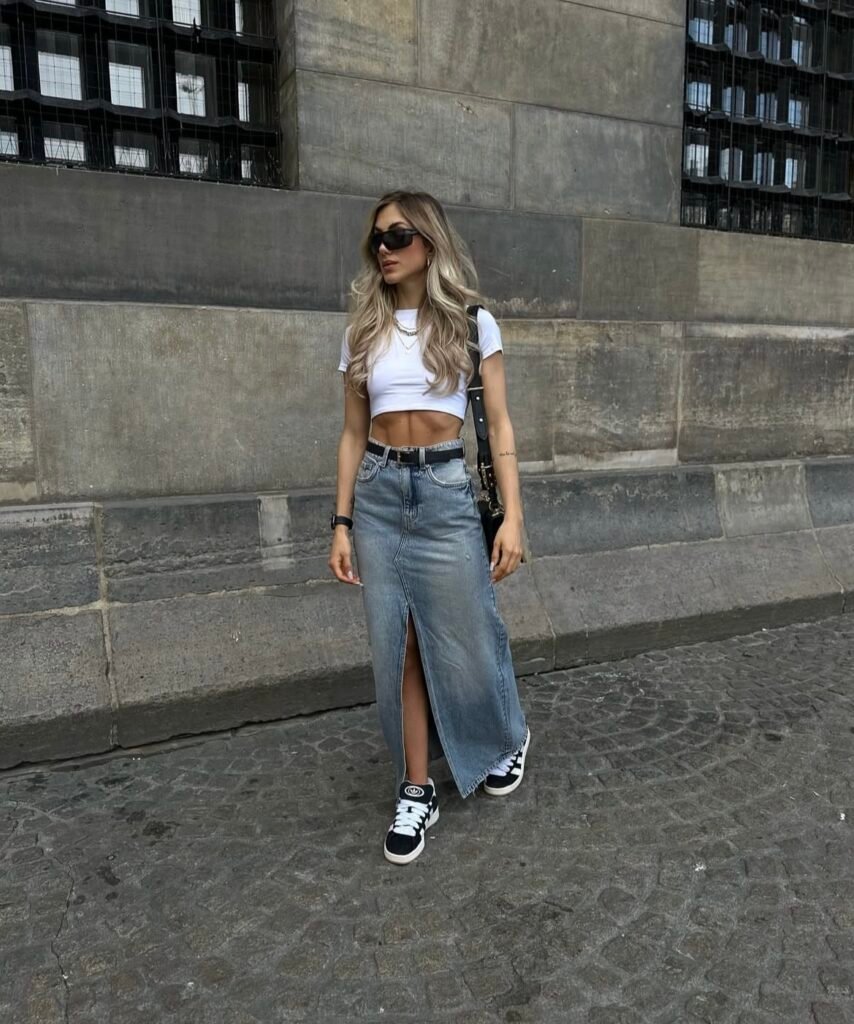 A denim skirt outfit.