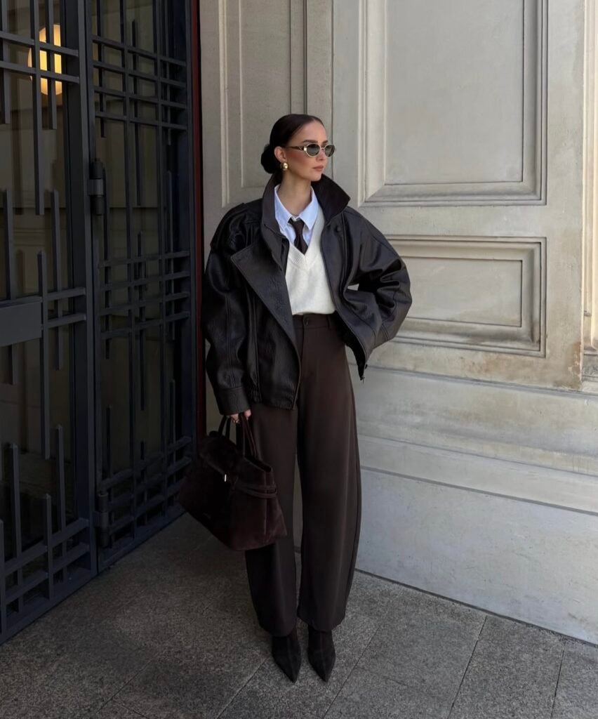 An outfit with a black faux leather jacket.