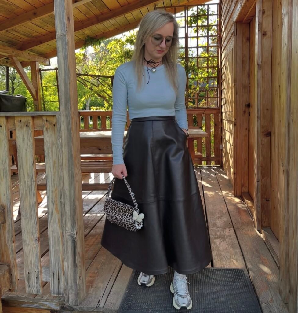 A leather skirt outfit.