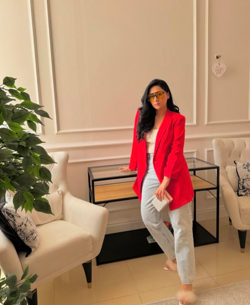 A red blazer outfit.