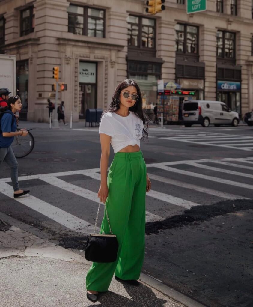 An outfit with green pants.