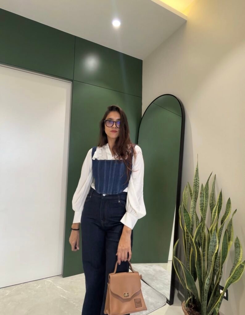 A denim corset outfit.