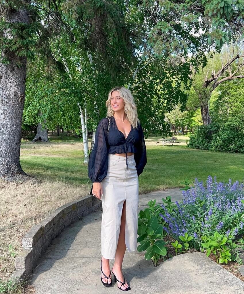 A denim skirt outfit.