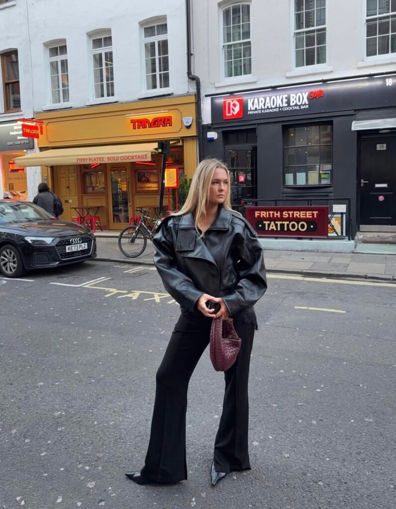 An outfit with a black faux leather jacket.