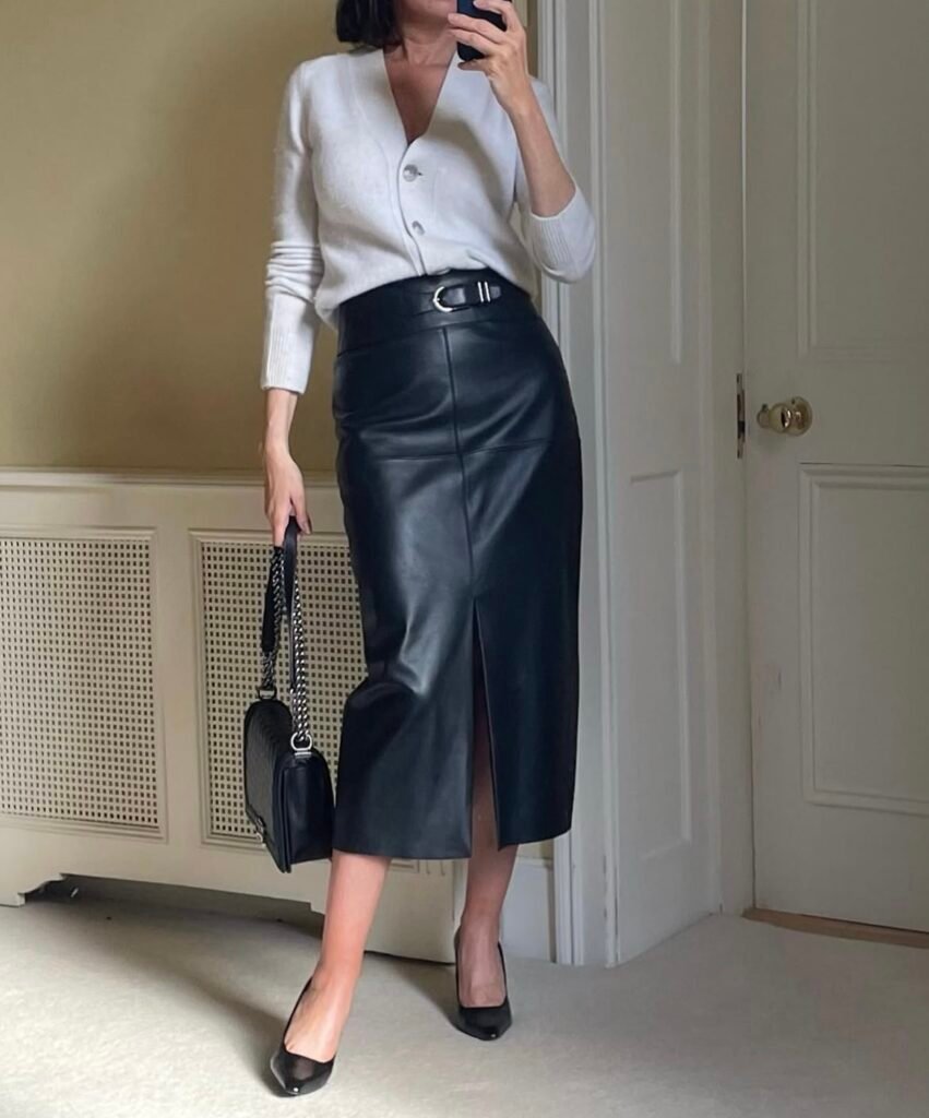 A leather skirt outfit.