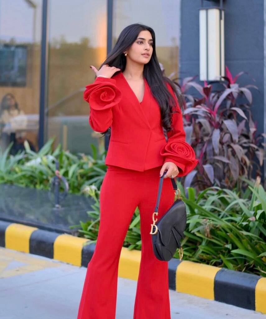 A red blazer outfit.