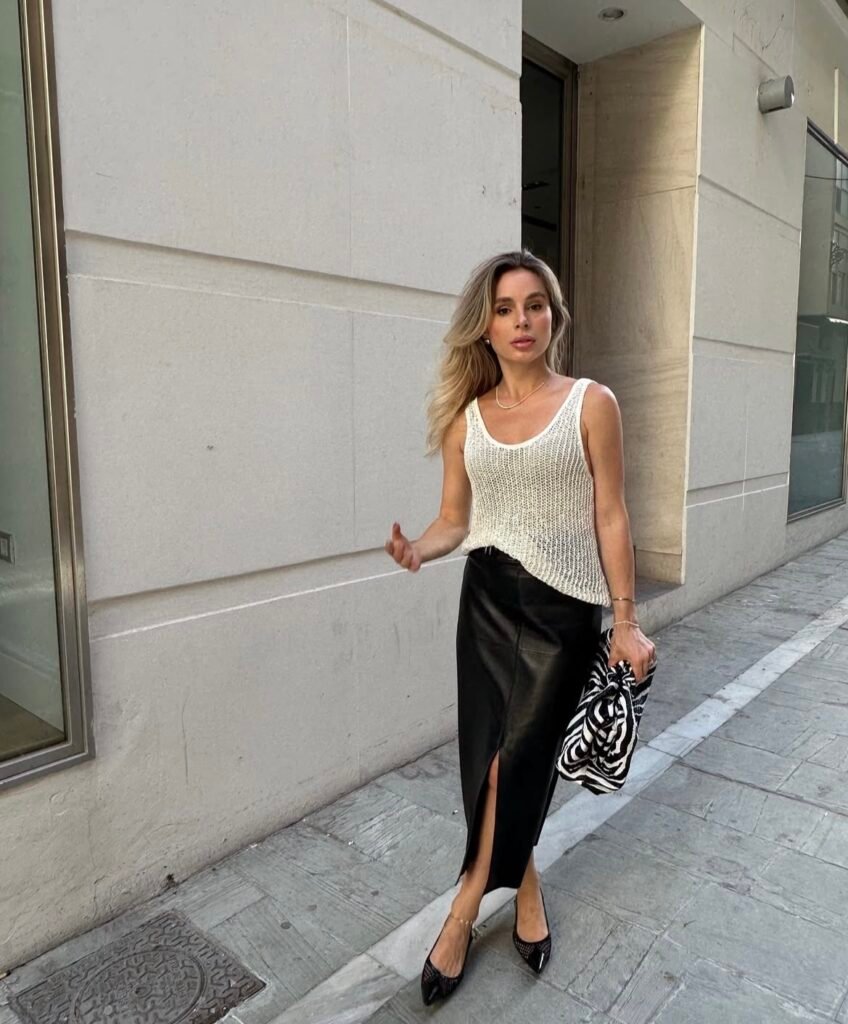 A leather skirt outfit.