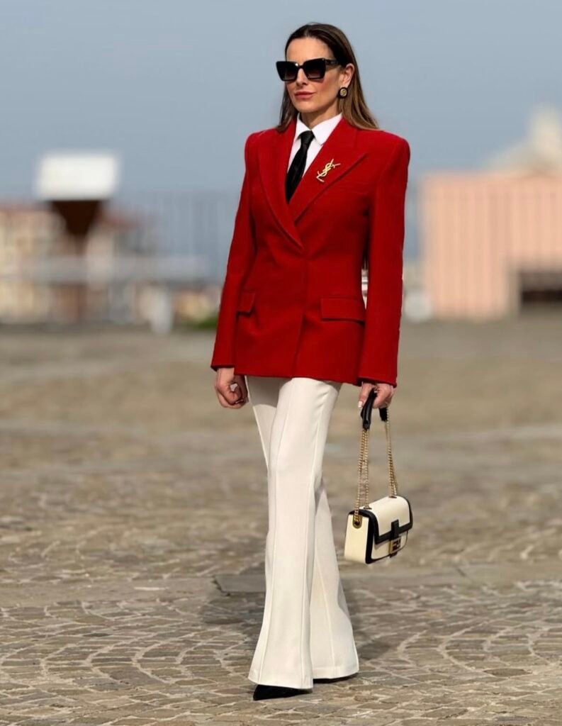 A red blazer outfit.