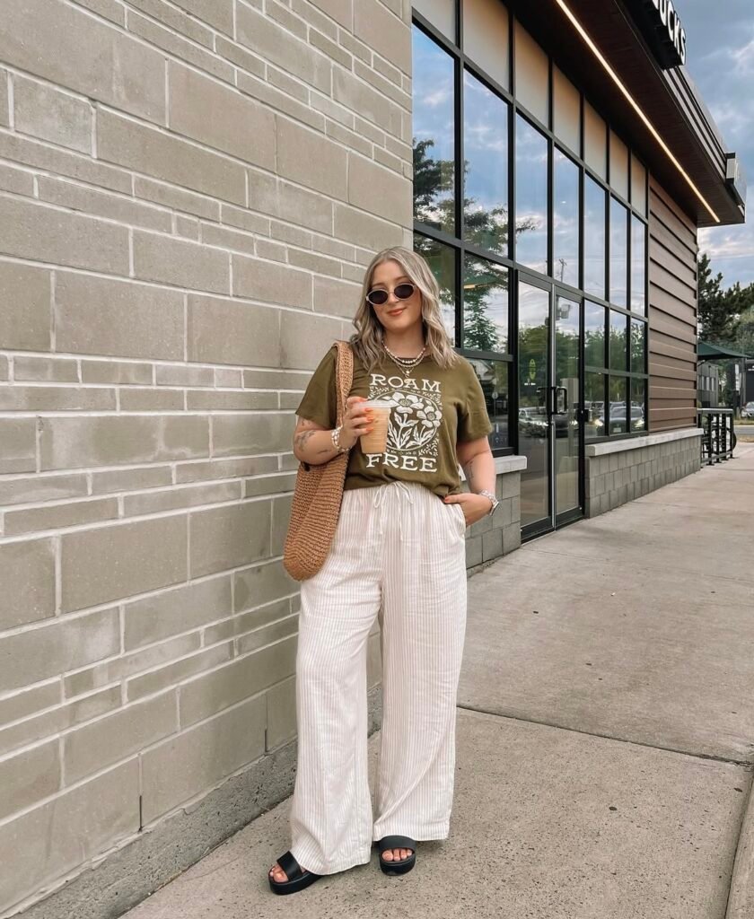 An outfit with wide leg pants.