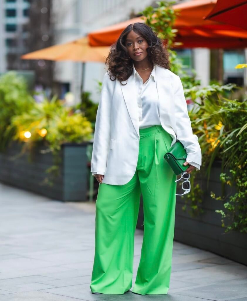 An outfit with green pants.