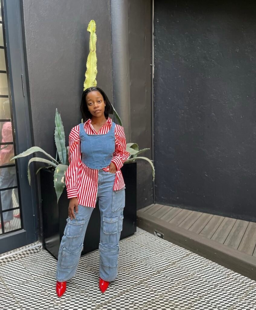 A denim corset outfit.