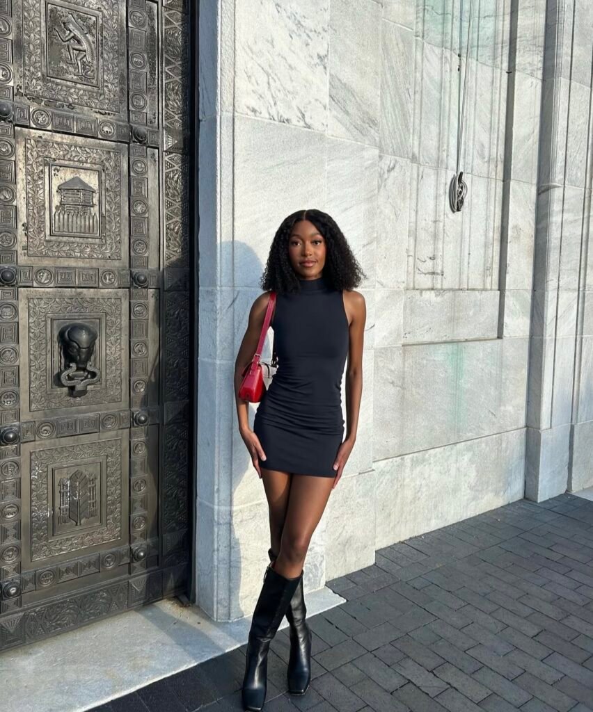 An outfit with knee-high boots.