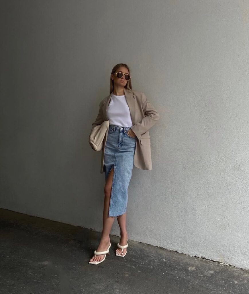 A denim skirt outfit.