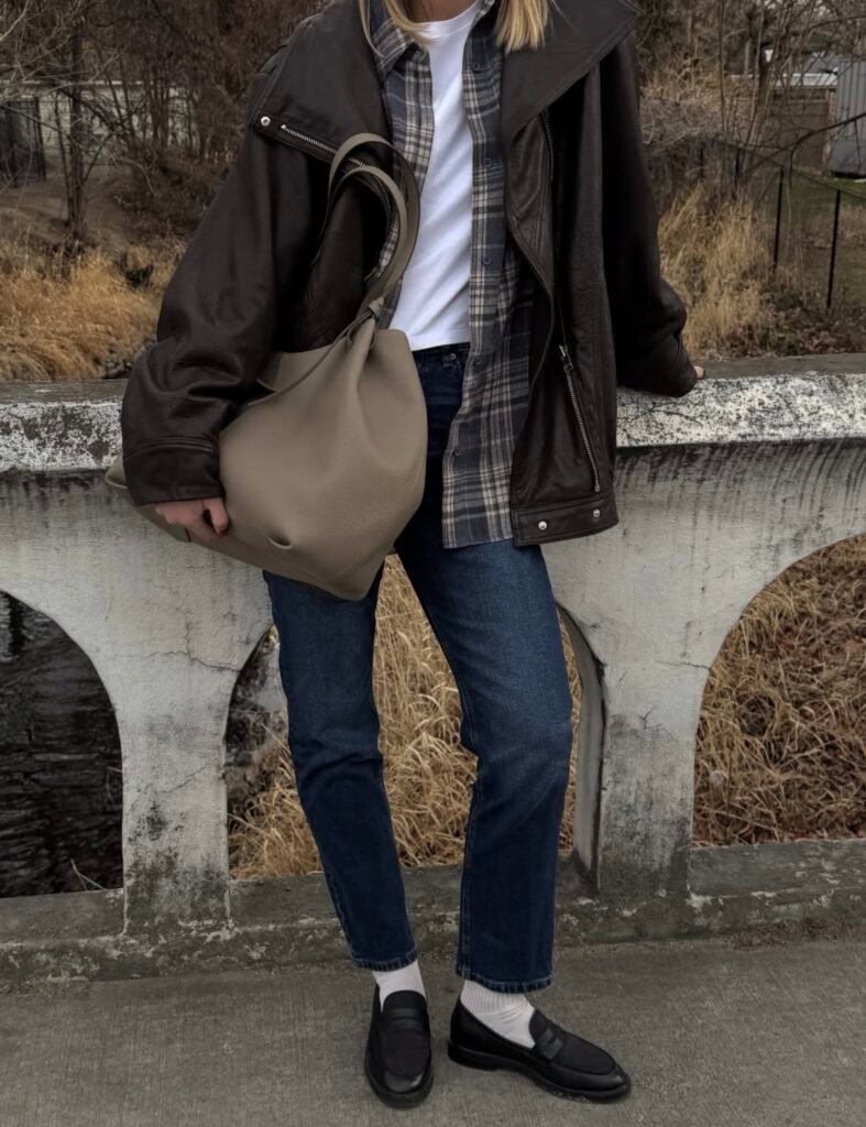 An outfit with a black faux leather jacket.