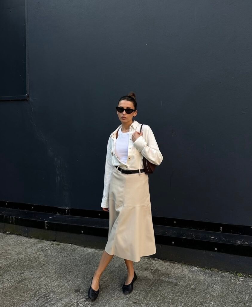 A leather skirt outfit.