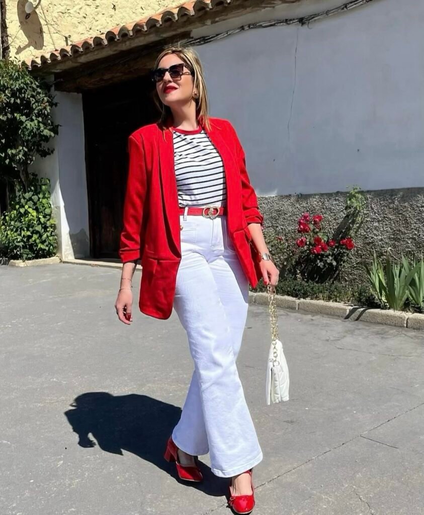 A red blazer outfit.