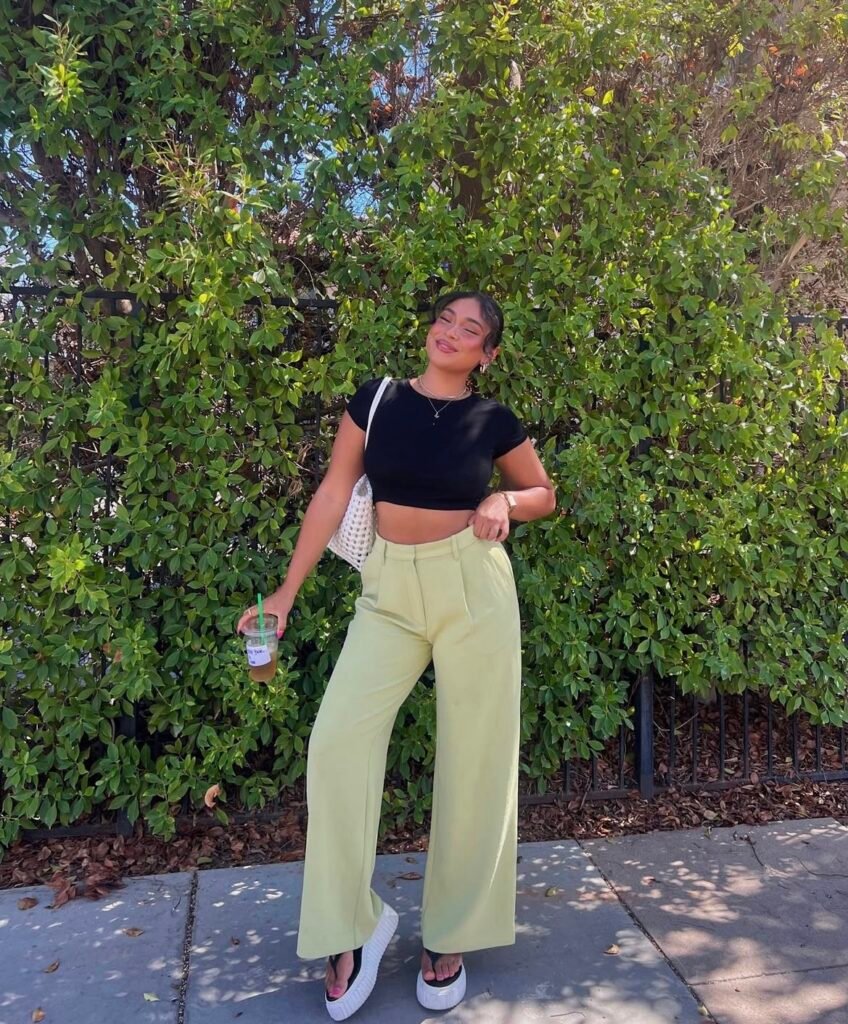 An outfit with wide leg pants.