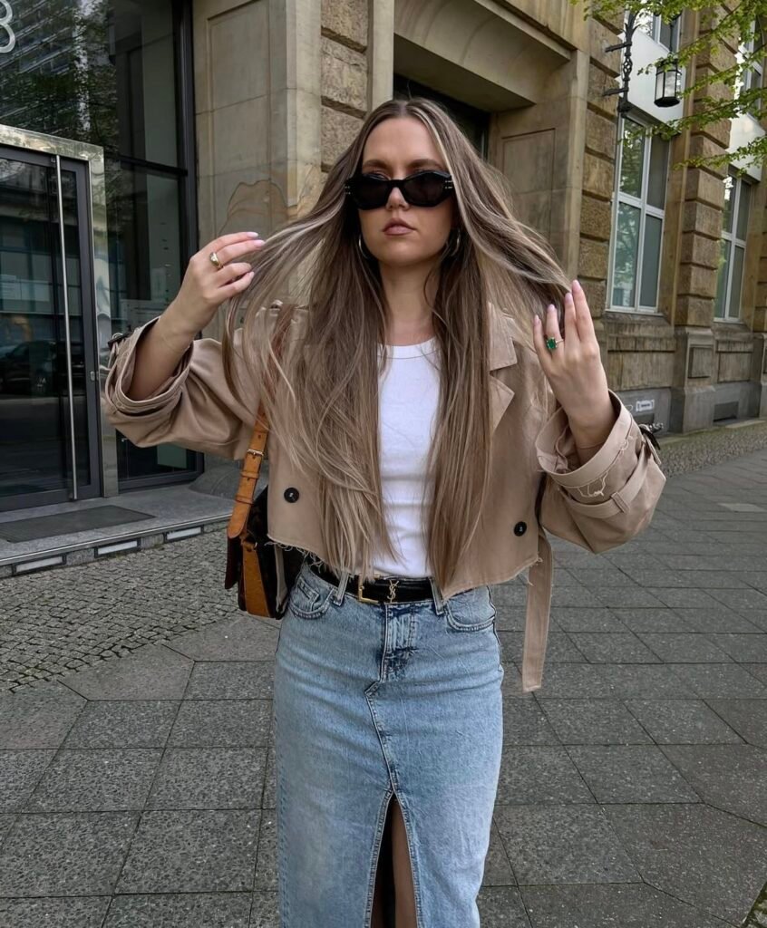 A denim skirt outfit.