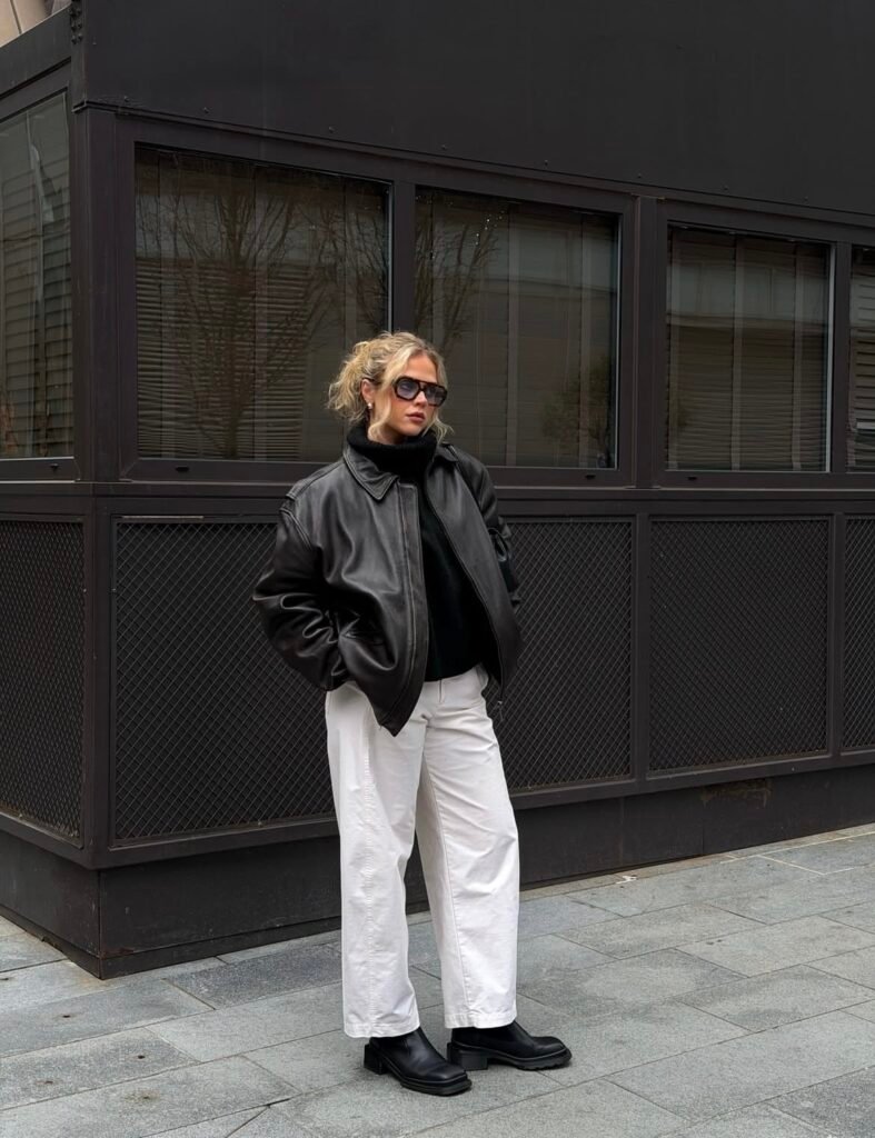 An outfit with a black faux leather jacket.