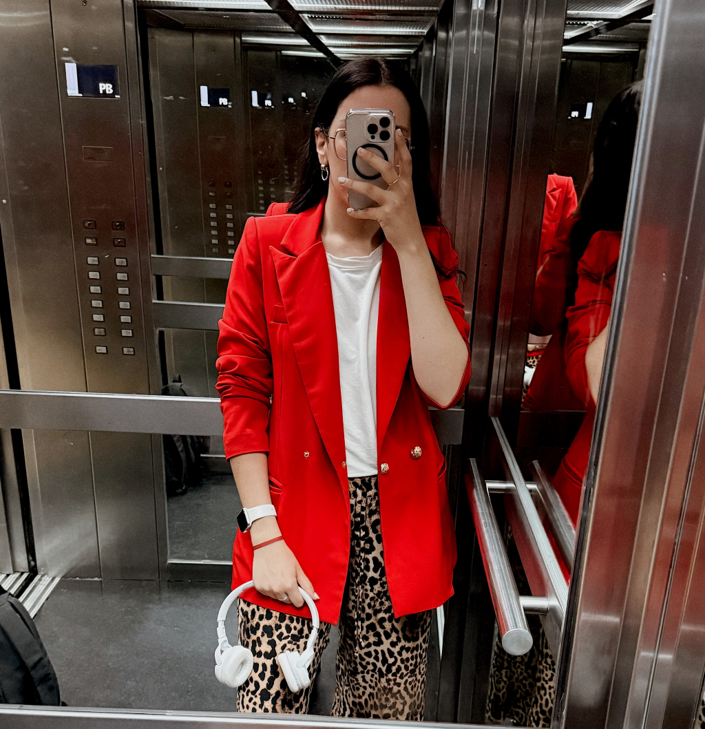A red blazer outfit.