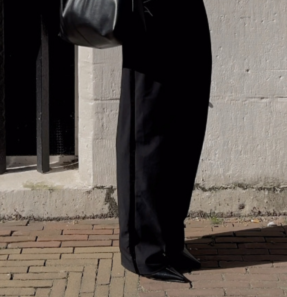 An outfit with wide leg pants.